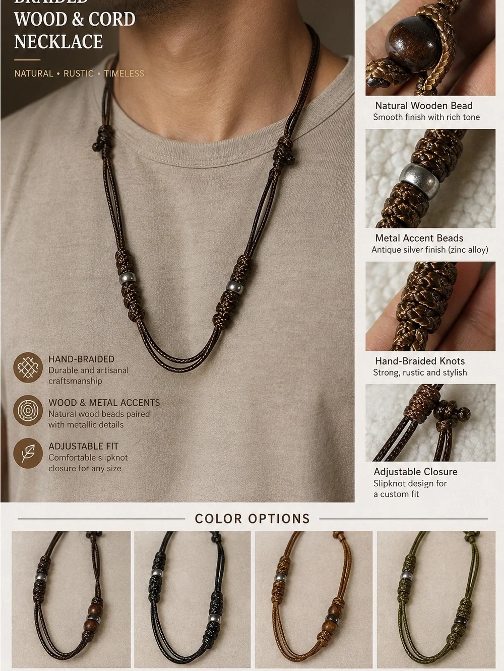 Hand-Braided Wooden Bead Cord Necklace - Brown
